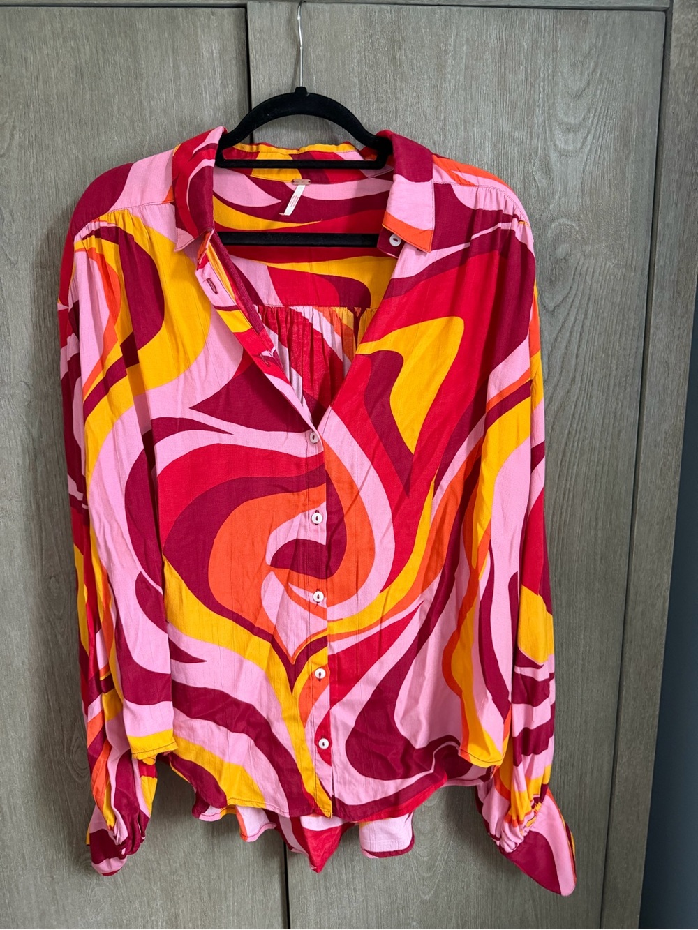 Free People Vibrant Swirl Print Button-Up Blouse - Pink & Yellow